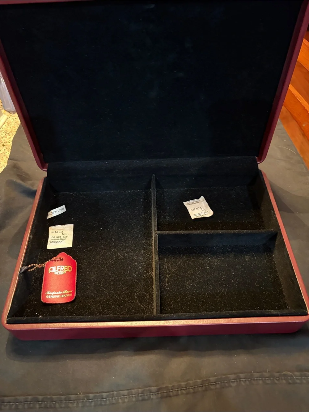 Jewelry or keepsake Case - Burgundy leather 3 compartments. 14x9 1/2x3